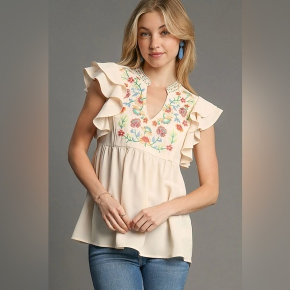 Umgee Full Size Embroidery Notched Double Ruffle Sleeve Blouse